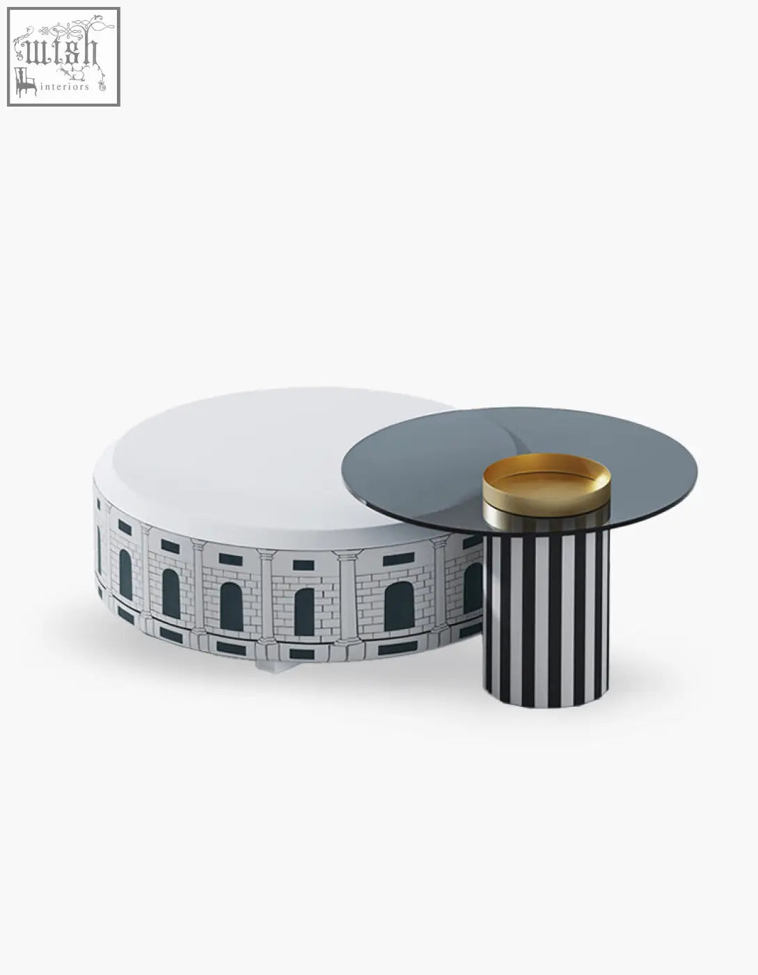 Black and white striped cylindrical nesting coffee table with gold rimmed glass top from calloway set of 3 tables