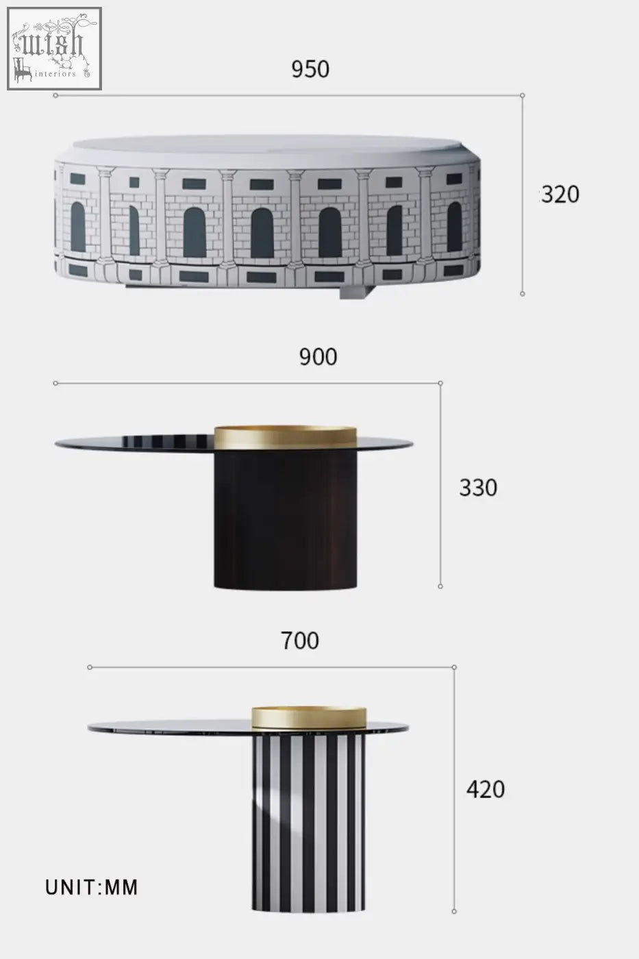 Calloway nesting coffee table set with black and white striped pedestal base glass top and gold circle accent ring