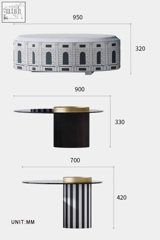 Calloway nesting coffee table set with black and white striped pedestal base glass top and gold circle accent ring