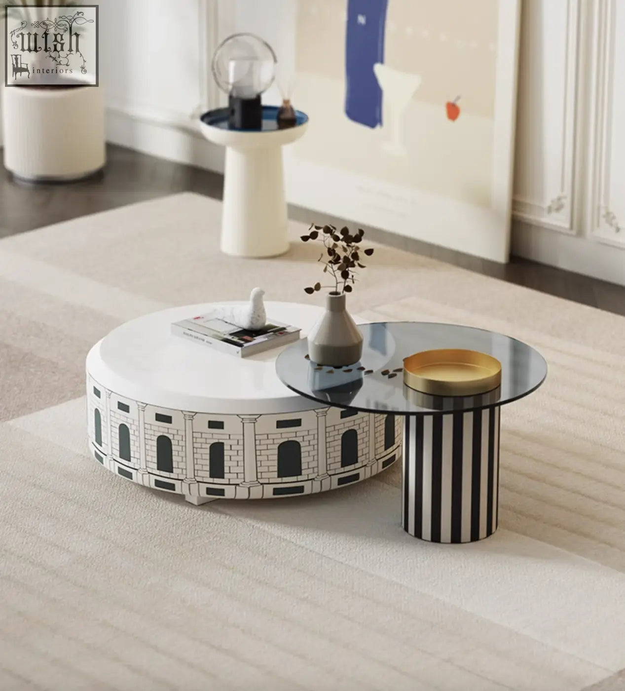 Calloway nesting coffee table set with 3 tables featuring round black and white amphitheater design and glass tops