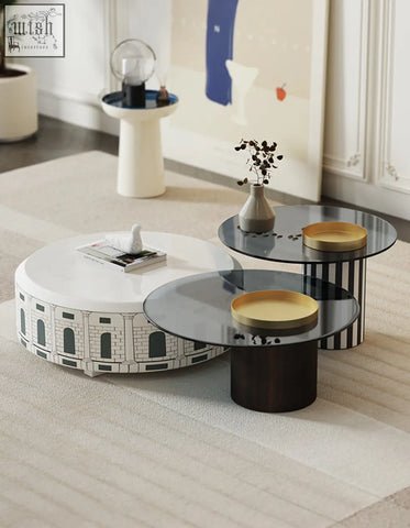 White calloway nesting coffee table set with black architectural design resembling classical building facade
