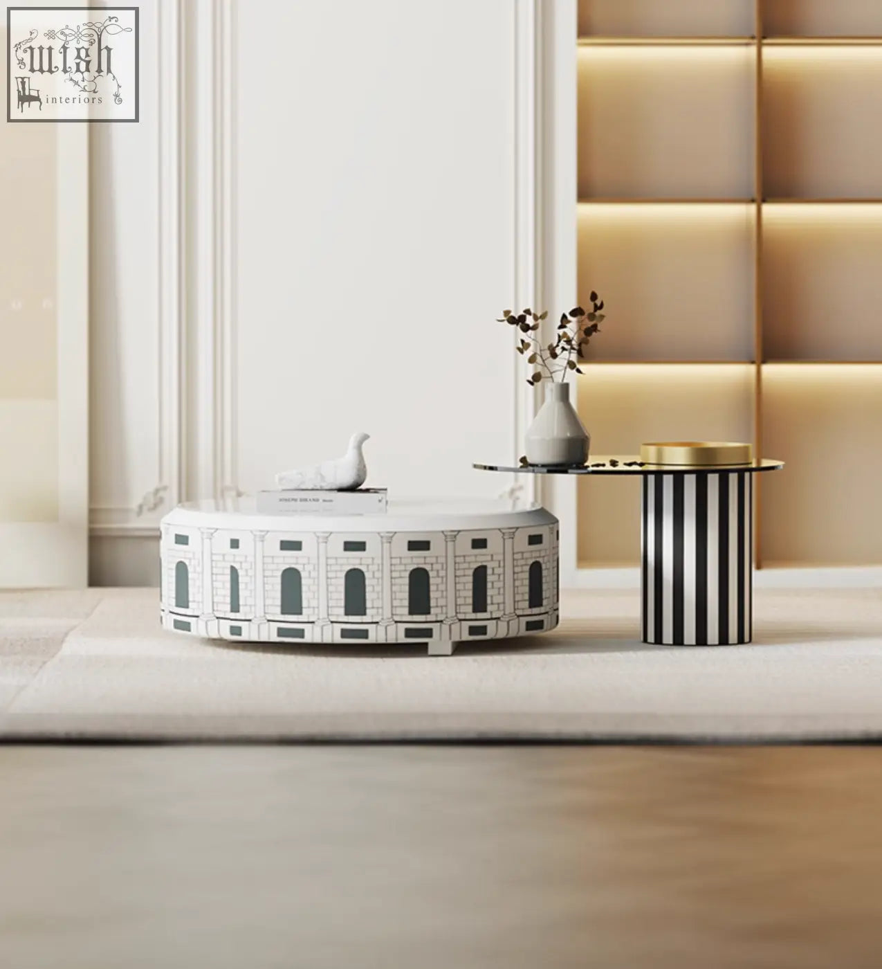 White ceramic nesting coffee table set designed like a roman coliseum with black architectural detailing