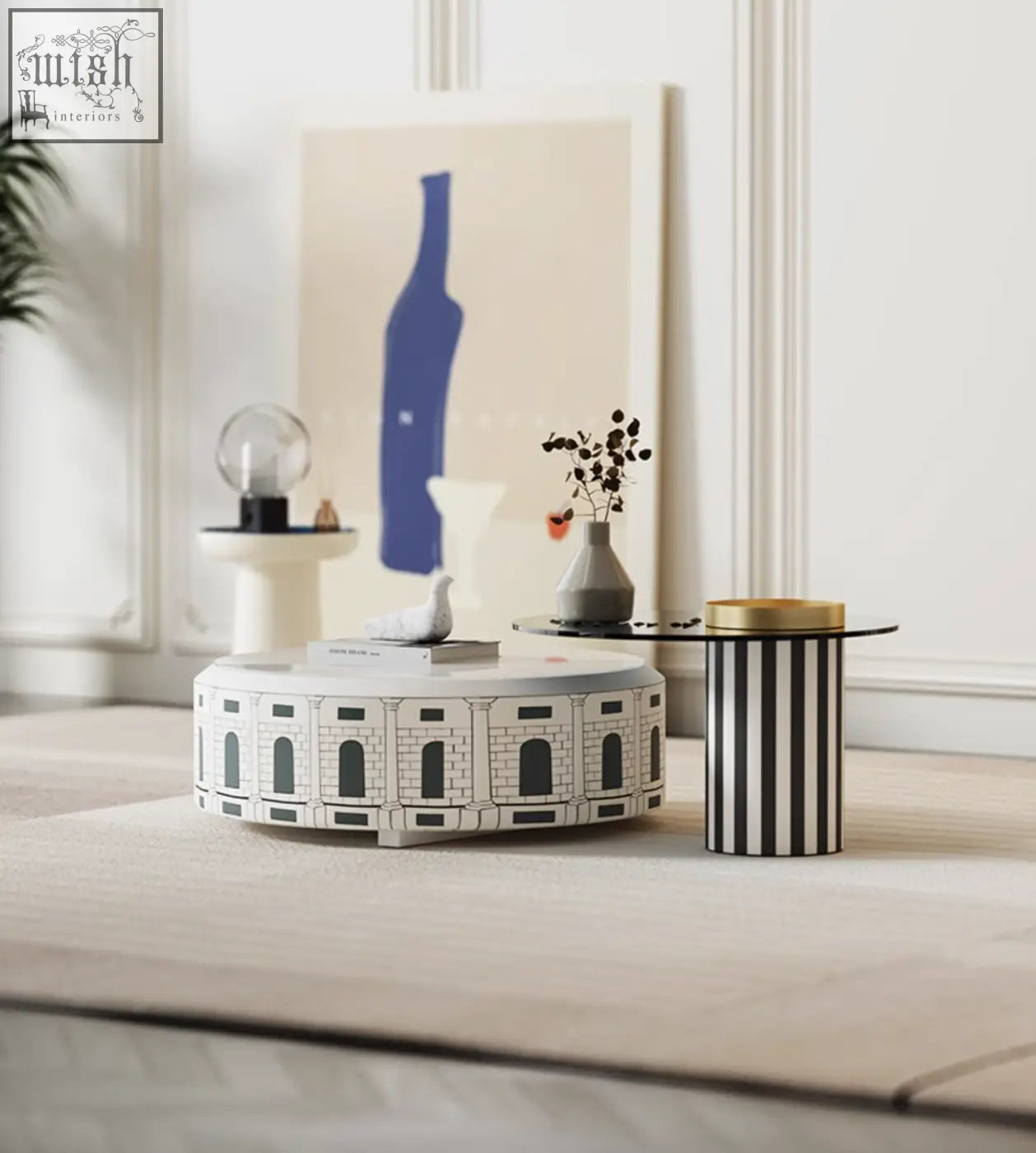 White circular nesting coffee table set with black roman amphitheater detailing in calloway nesting coffee table set