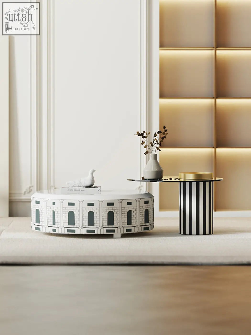 White nesting coffee table set with three tables designed like the colosseum featuring black architectural details