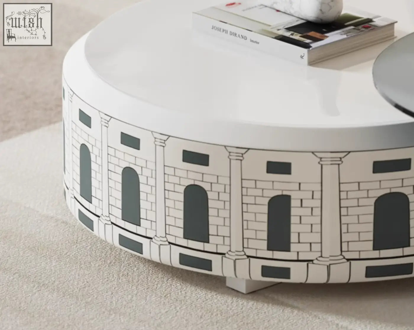 White round nesting coffee table with black and gray amphitheater design from calloway nesting coffee table set