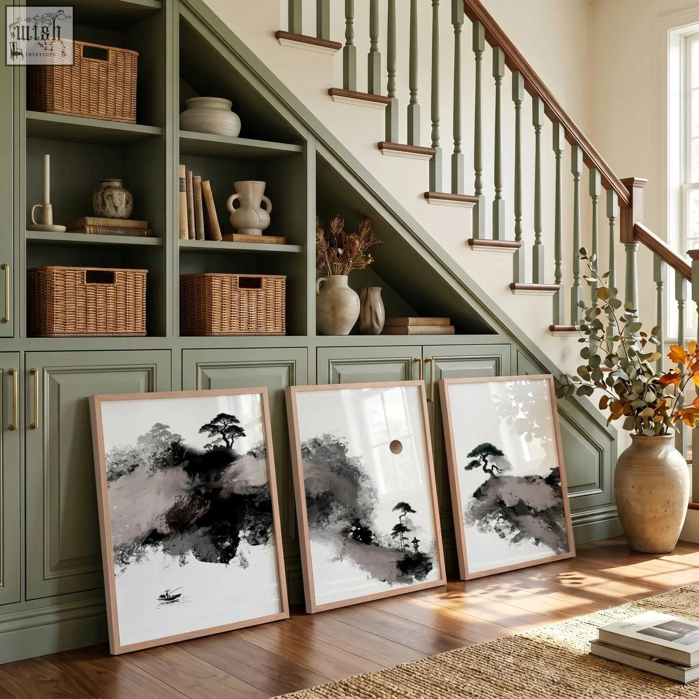Three framed black and white calming wall art prints of japanese ink landscapes with maroon sun and black pine trees leaning