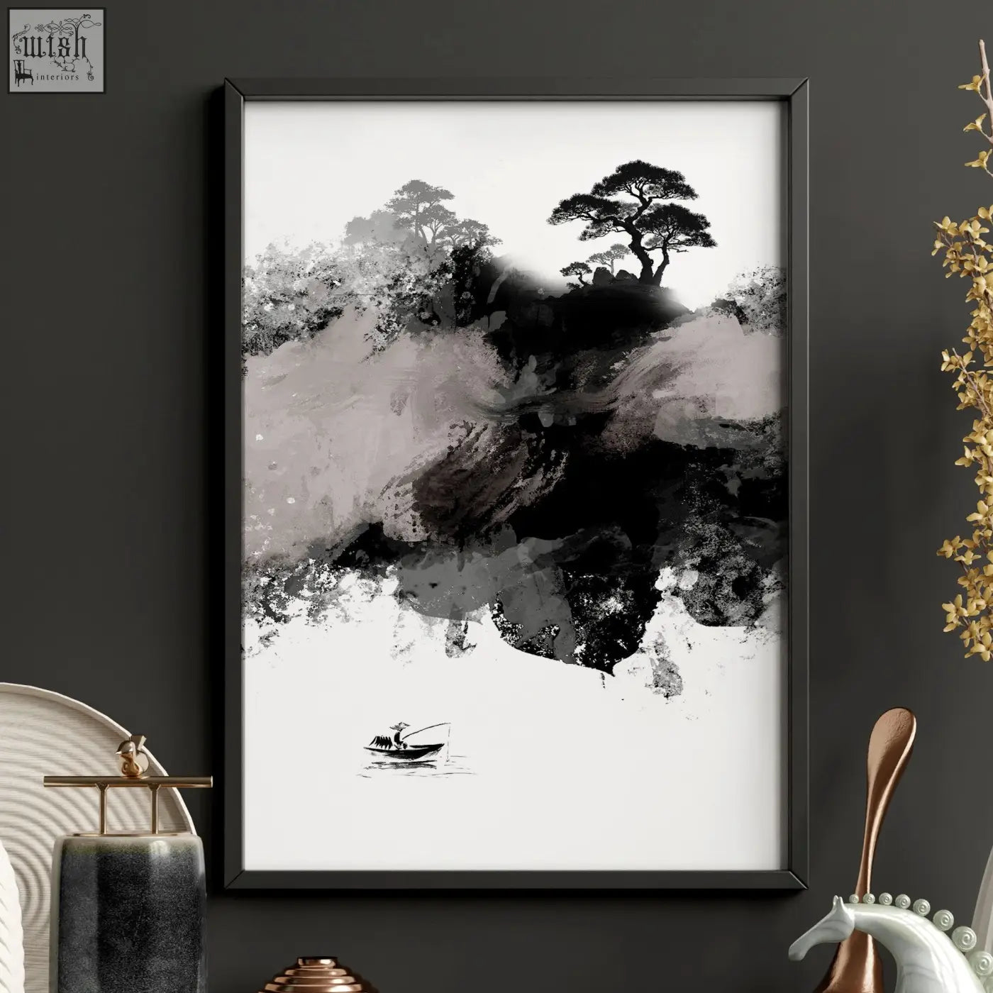 Black-framed calming wall art ink wash painting of lone fisherman with maroon sun and black pine trees set of 3