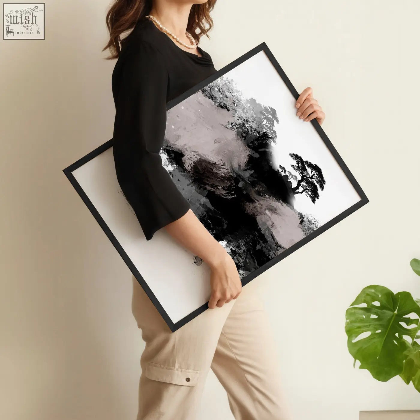 Black-framed calming wall art featuring bold black gray and white ink washes with maroon sun and pine trees set of 3
