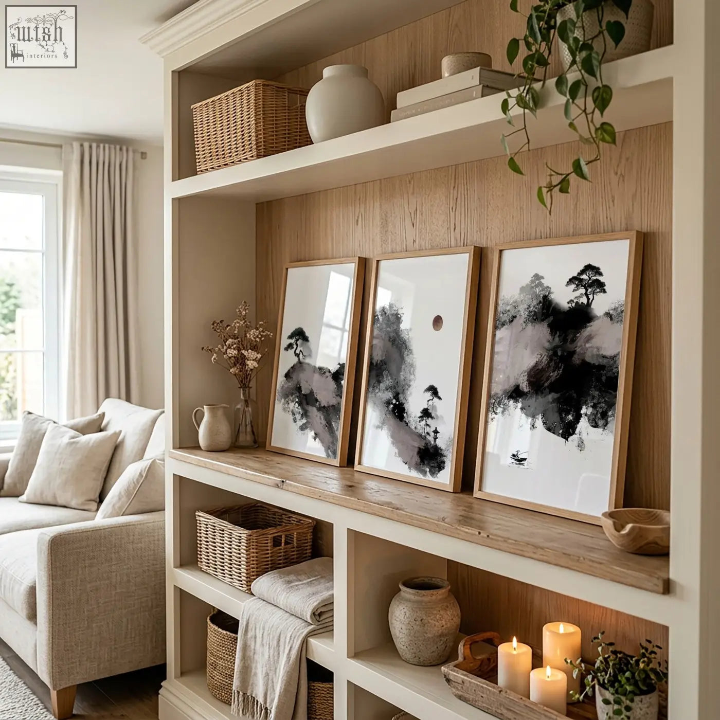 Three framed black and white calming wall art prints with maroon sun and black pine trees in minimalist wooden frames