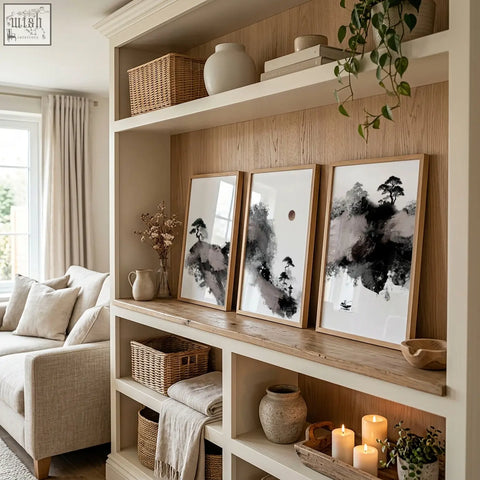 Three framed black and white calming wall art prints with maroon sun and black pine trees in minimalist wooden frames