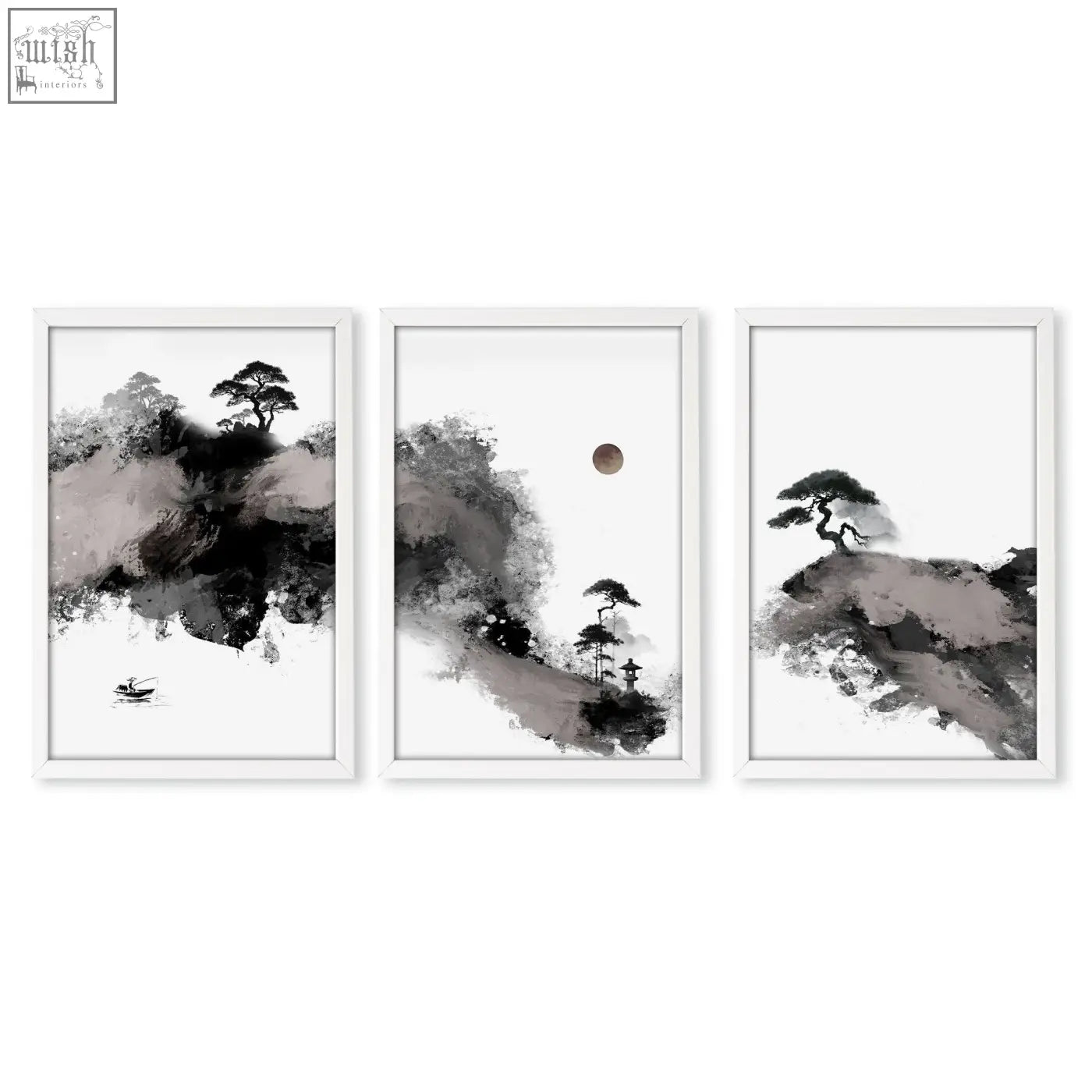 Set of three calming wall art prints featuring minimalist japanese ink landscapes with maroon sun and black pine trees