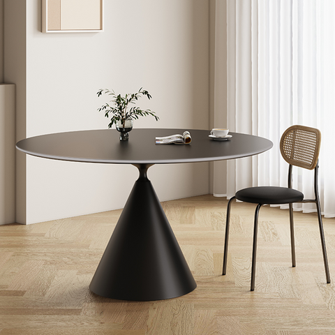 Calvin cone dining table with black matte conical pedestal and smooth round tabletop perfect for dining spaces