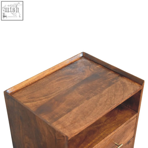 Dark brown natural mango wood camden chestnut bedside table with polished finish and visible grain patterns