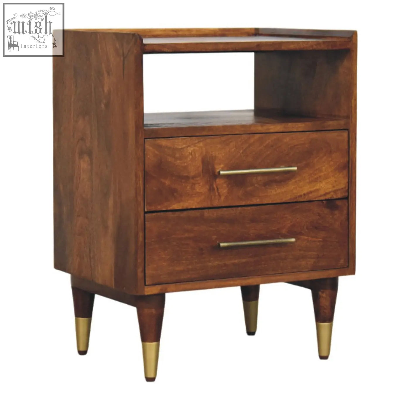 Mid-century modern camden chestnut bedside table in natural mango wood with brass handles and gold-capped tapered legs