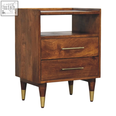 Mid-century modern camden chestnut bedside table in natural mango wood with brass handles and gold-capped tapered legs