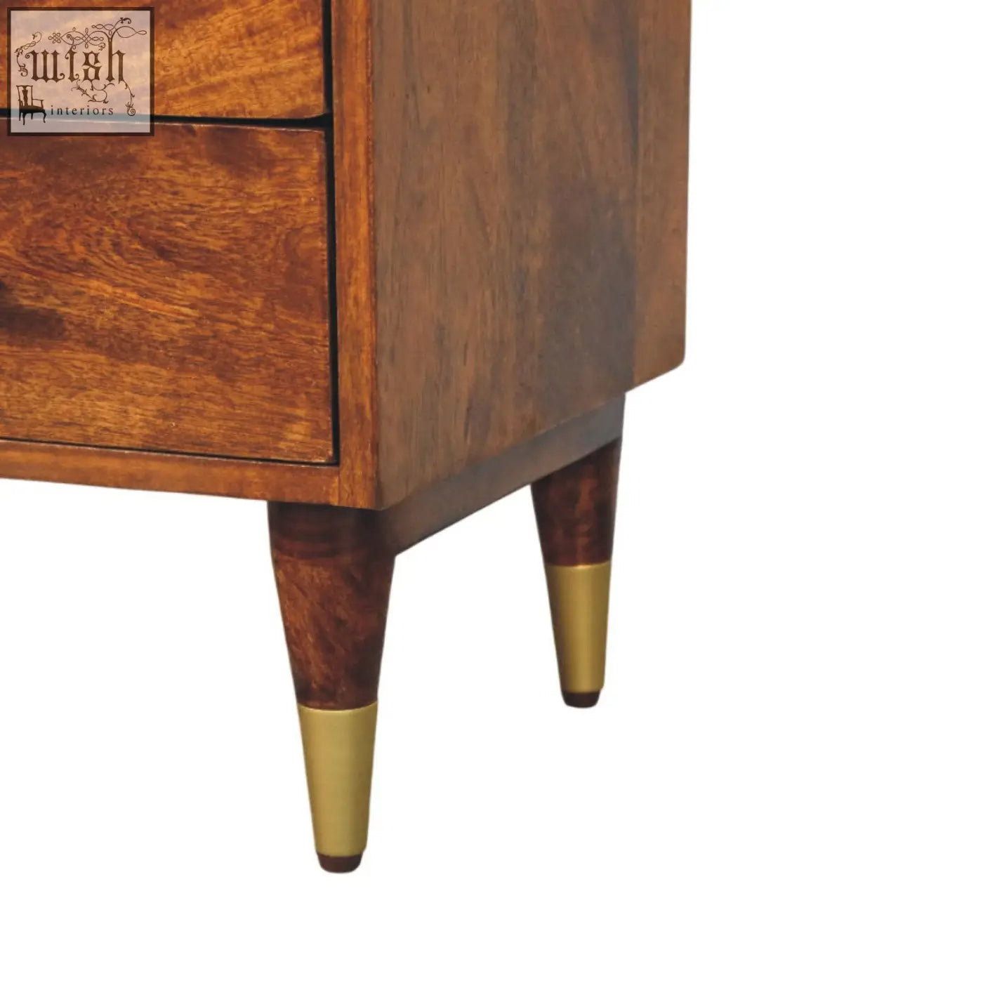 Mid-century modern camden chestnut bedside table in natural mango wood with rich brown finish and brass accent legs
