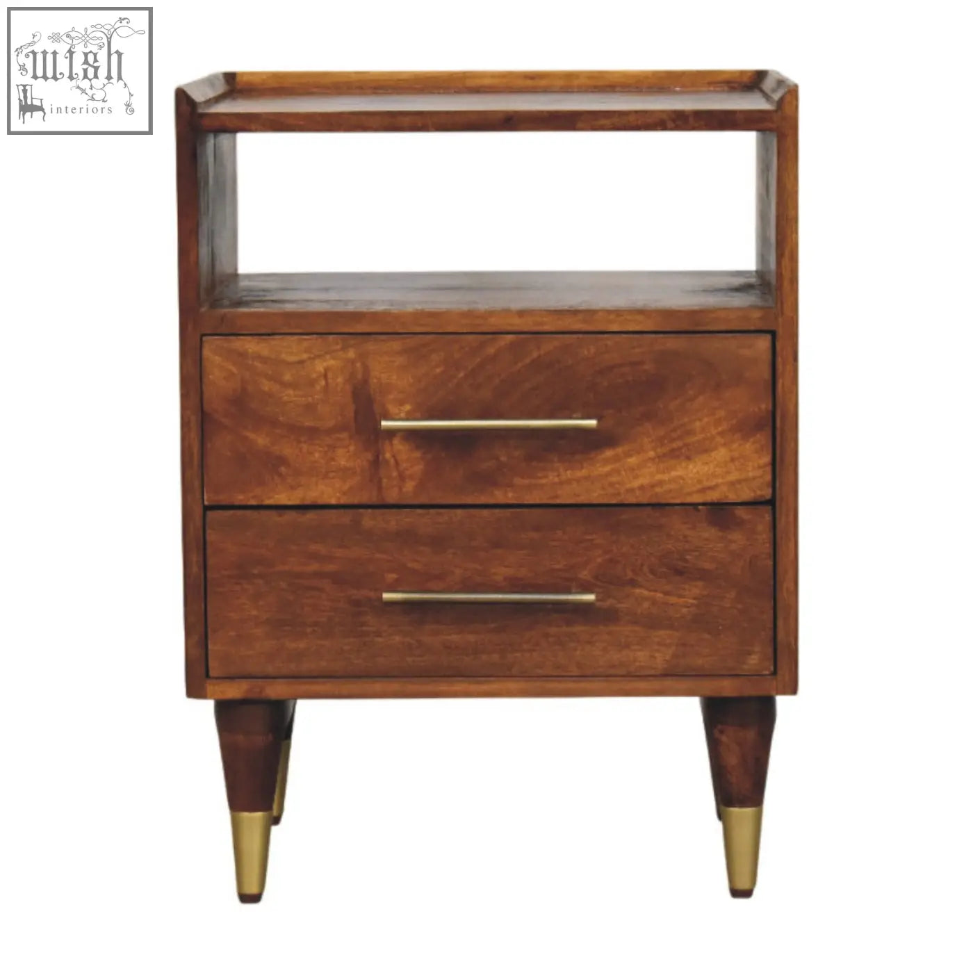 Mid-century modern camden chestnut bedside table in natural mango wood with two drawers brass handles and gold-tipped legs