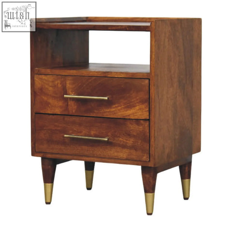 Mid-century modern camden chestnut bedside table in natural mango wood with two drawers and gold tipped legs