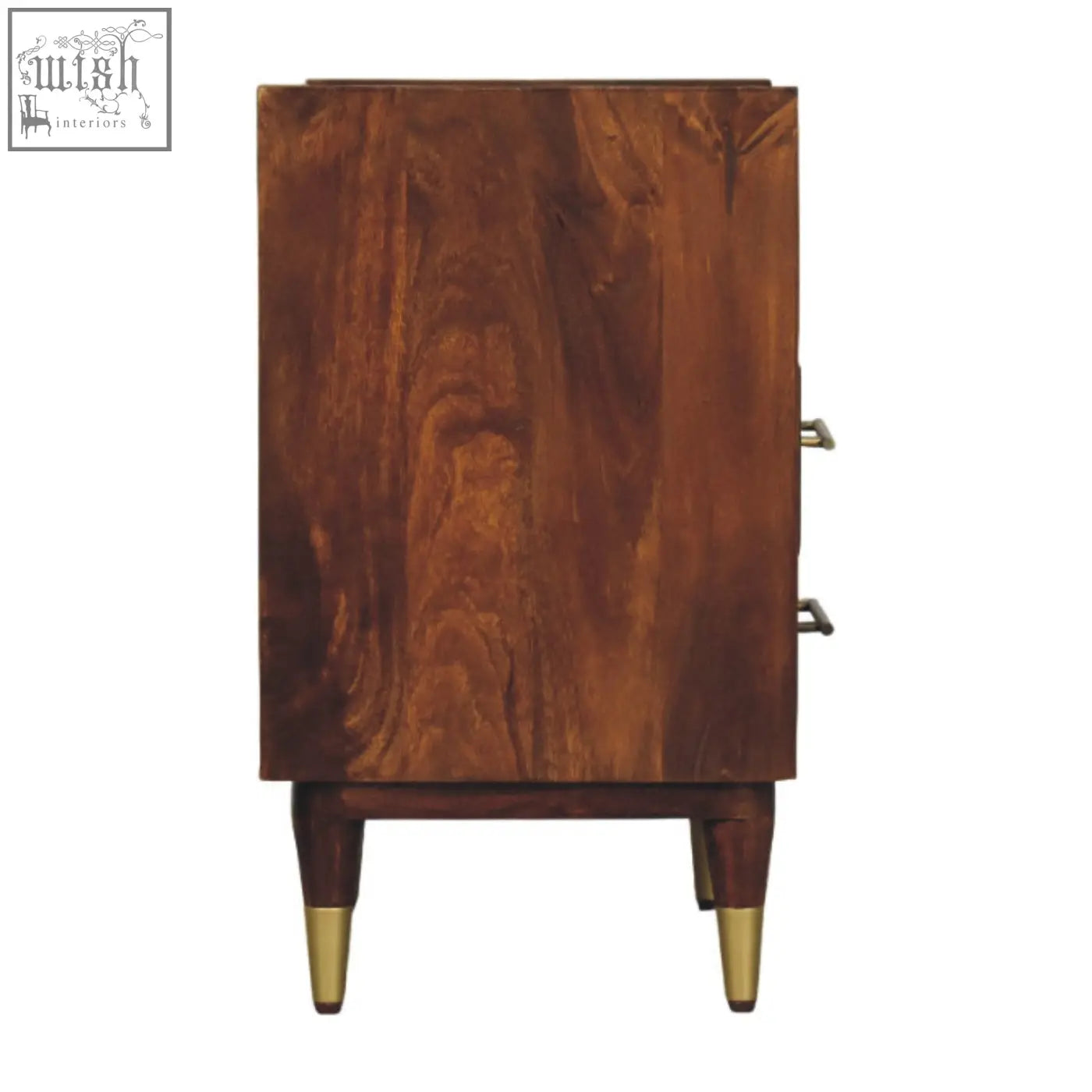 Rich dark brown camden chestnut bedside table made from natural mango wood with brass finished legs and visible grain pattern