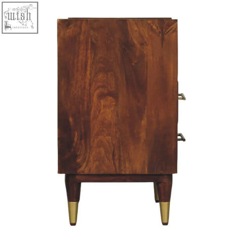 Rich dark brown camden chestnut bedside table made from natural mango wood with brass finished legs and visible grain pattern