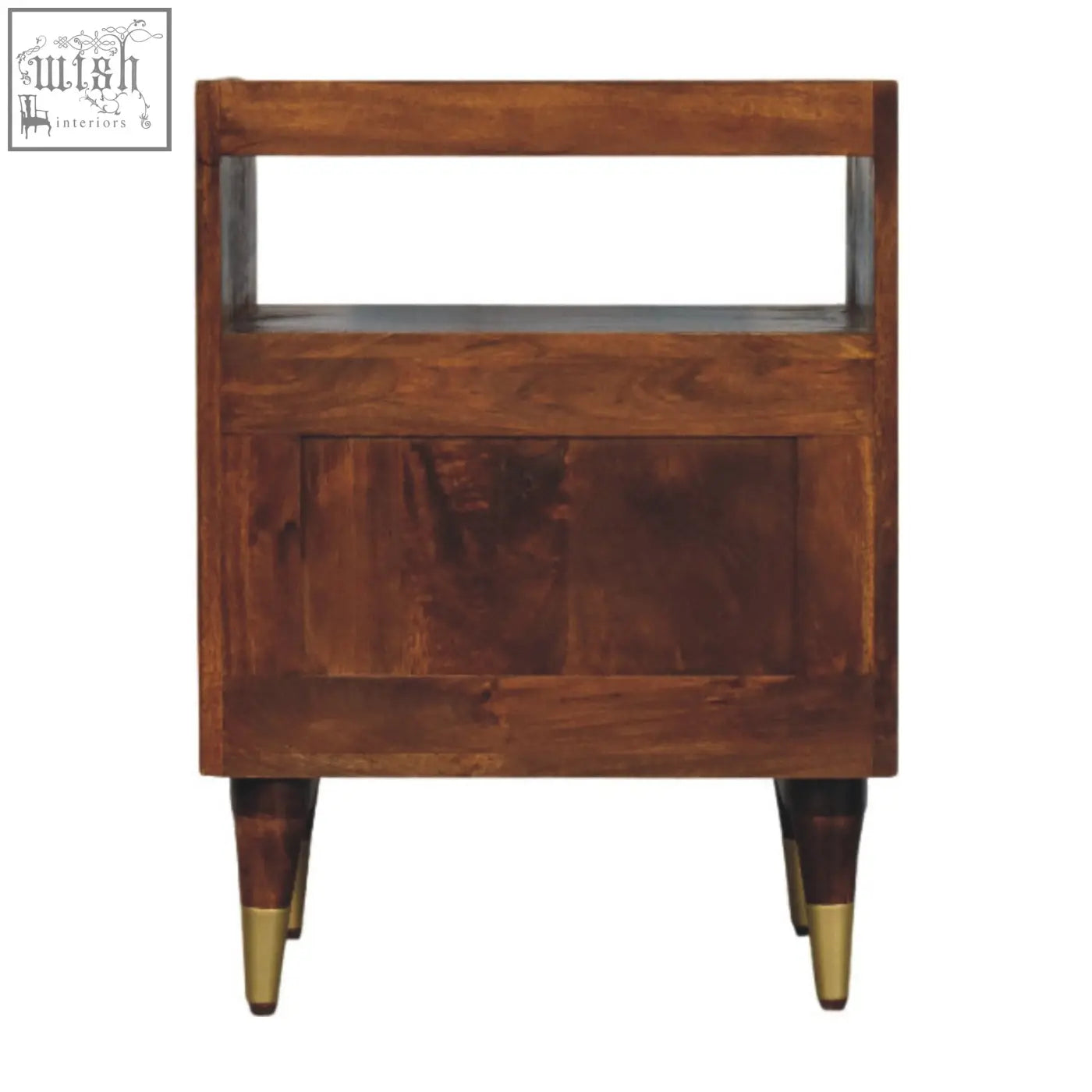 A camden chestnut bedside table made of natural mango wood with a rich brown finish and brass capped legs