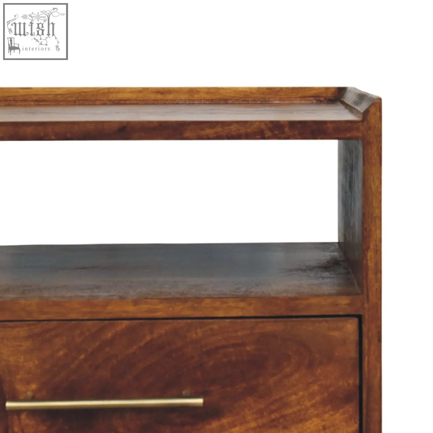 Rustic camden chestnut bedside table in natural mango wood with warm brown finish brass pull and two open shelves