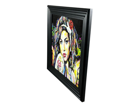 Vibrant pop-art portrait of a woman with colorful hair and red rose in her hair accessory in camden’s angel liquid art frame