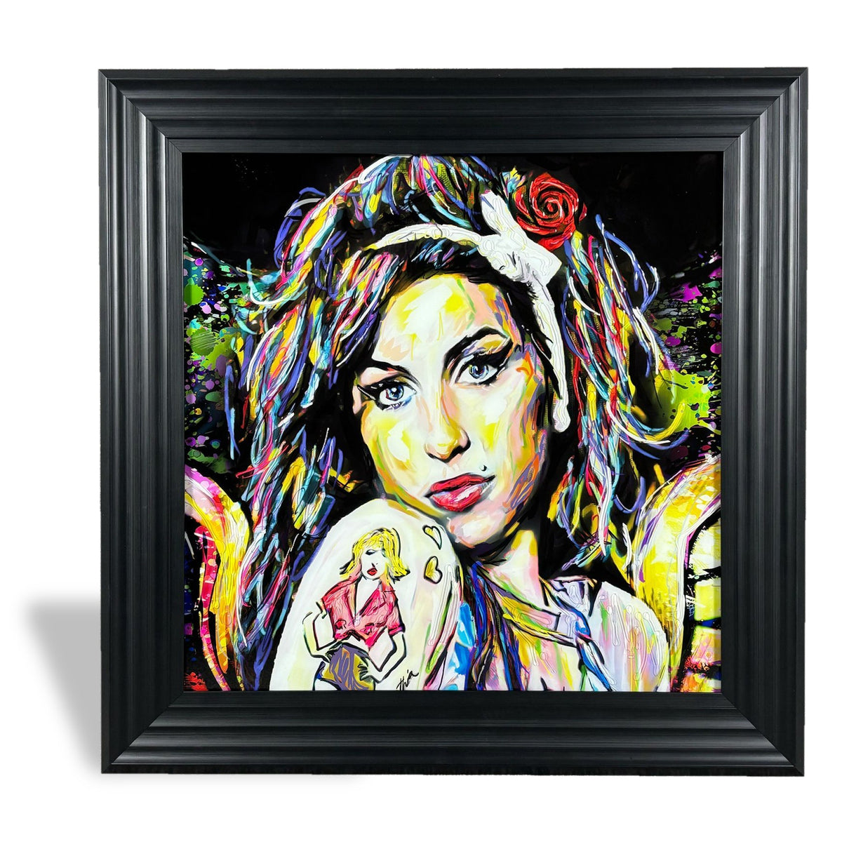 Vibrant pop-art portrait of a woman with multicolored hair and bold makeup in sleek black frame for camdens angel liquid art