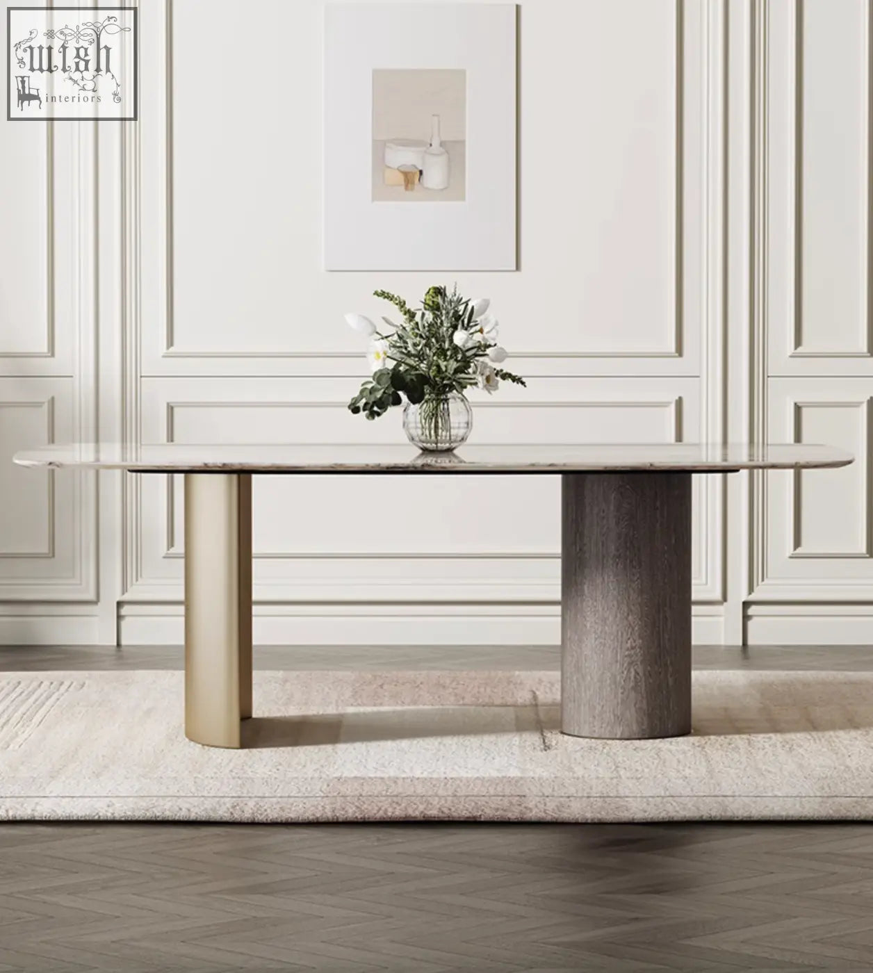 Modern cameron marble dining table with oval polished marble top and contrasting gold and gray stone legs