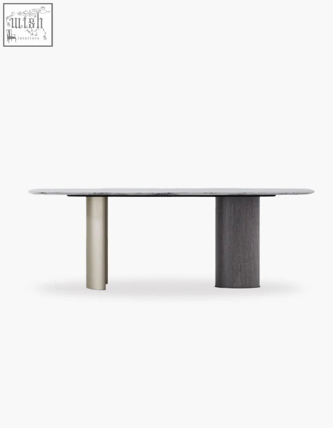 Modern cameron marble dining table with oval white marble top and contrasting steel and wood grain legs