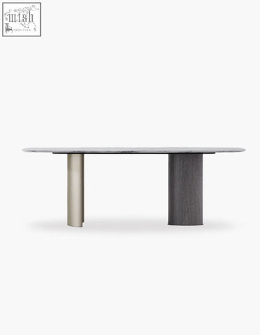 Modern cameron marble dining table with oval white marble top and contrasting steel and wood grain legs