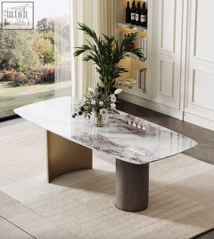 Modern cameron marble dining table with white marble top gray veining and gold and wood textured legs dining table