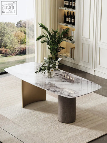 Modern cameron marble dining table with white marble top gray veins gold metal and rustic wood legs dining table