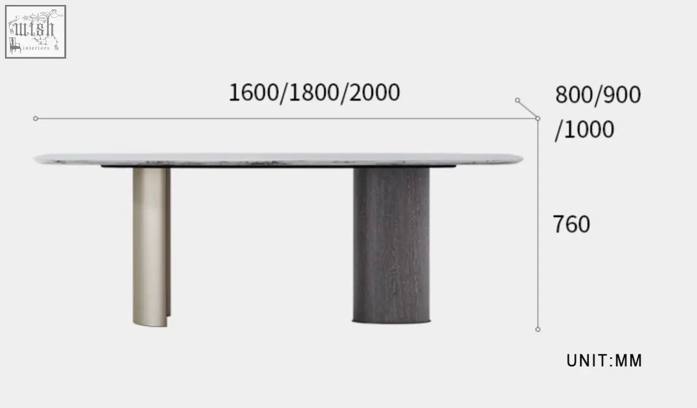 Modern cameron marble dining table with a sleek white marble top and contrasting metallic and wood-grain legs