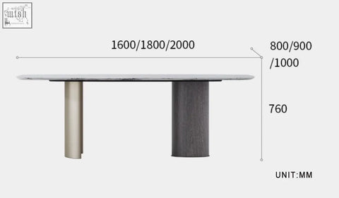 Modern cameron marble dining table with a sleek white marble top and contrasting metallic and wood-grain legs