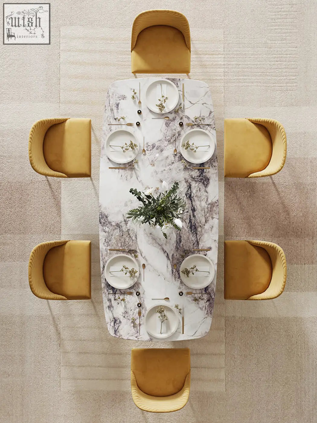 Cameron marble dining table with a marble-patterned top surrounded by six mustard-yellow upholstered chairs
