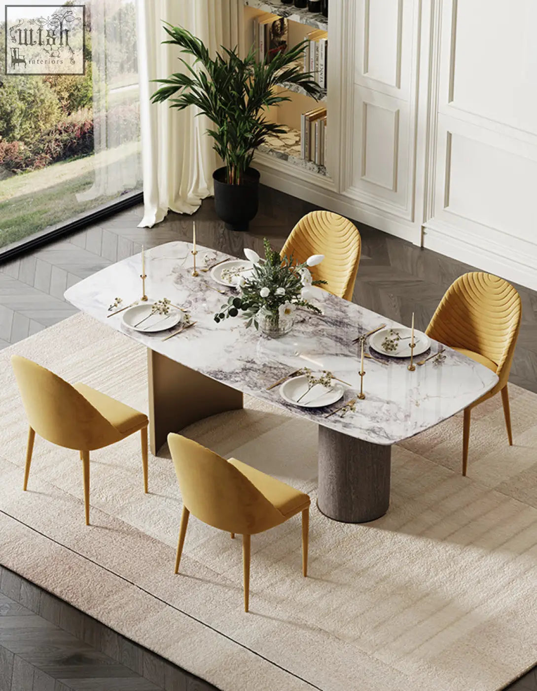 Cameron marble dining table with a sleek marble top and sturdy cylindrical concrete legs for modern dining rooms