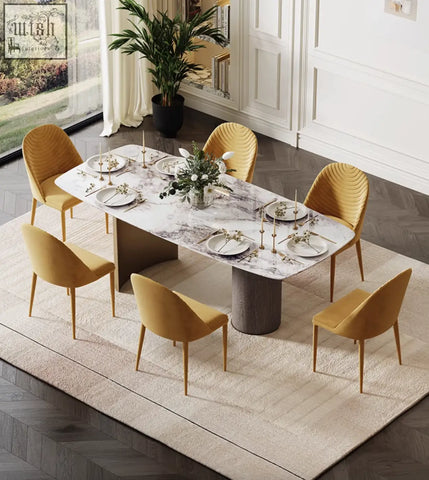 Cameron marble dining table with white marble top and single cylindrical pedestal base perfect as a dining table