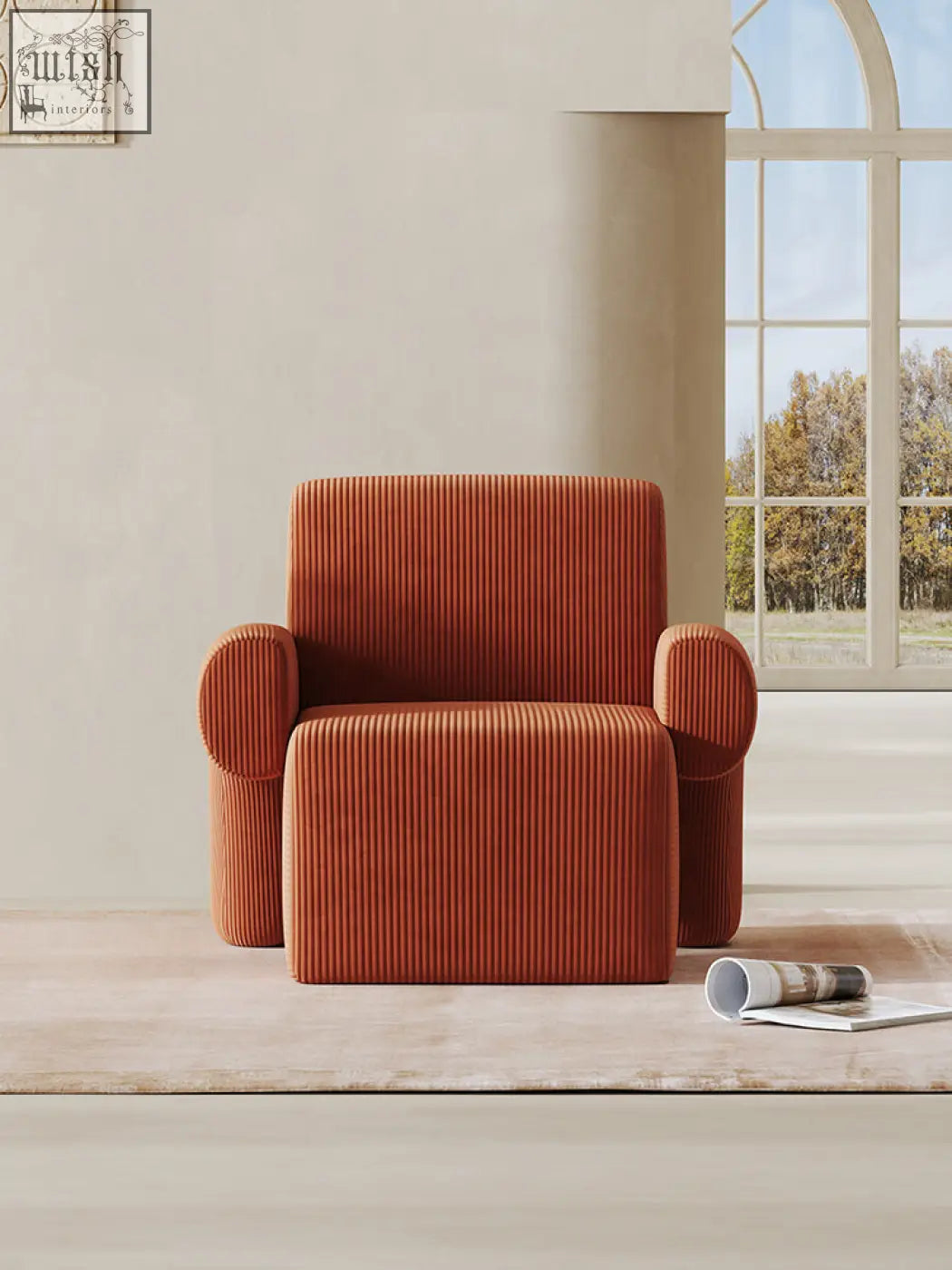 Cozy orange corduroy camilla armchair with plush ribbed texture and rounded arms available with shipping cost and offer financing