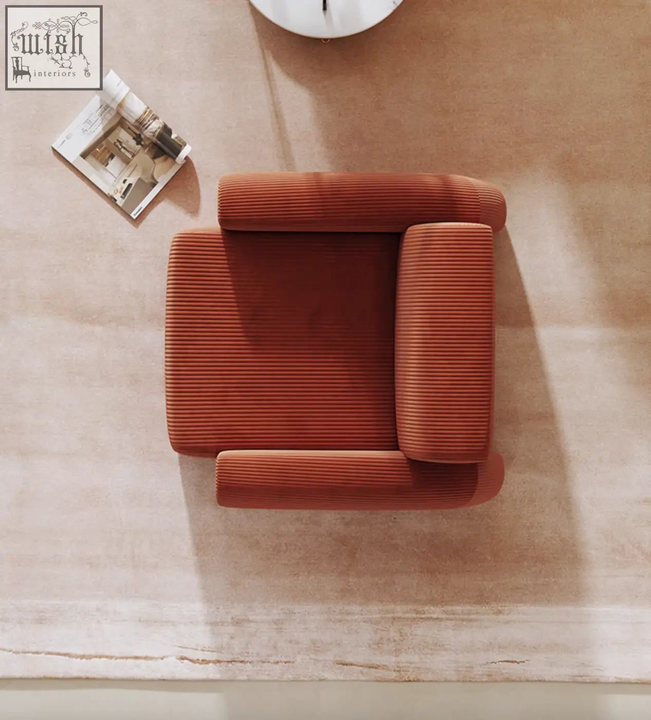 A cozy rust-colored corduroy camilla armchair with deep seat and modern minimalist design shipping cost included