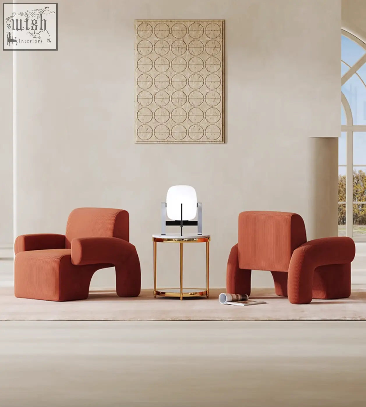 Modern terracotta camilla armchair with sculpted ribbed upholstery deep seat and curved legs perfect for living rooms