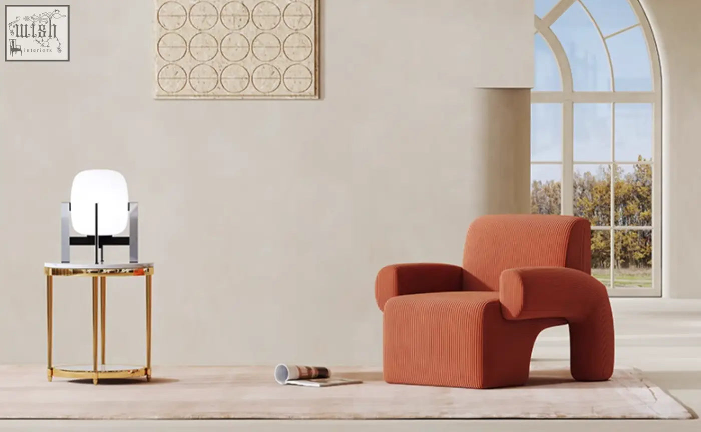 Orange corduroy camilla armchair with rounded arms and sleek modern design offering financing and low shipping cost