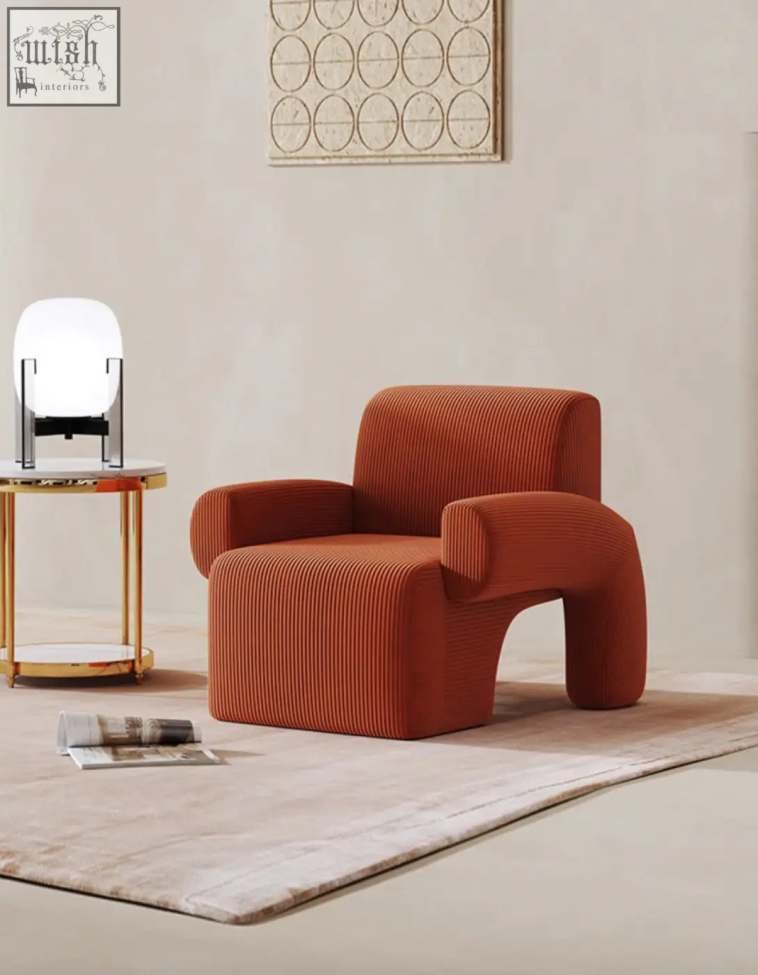A modern orange corduroy camilla armchair with deep seat and sleek sculpted design perfect for comfy seating and shipping cost savings