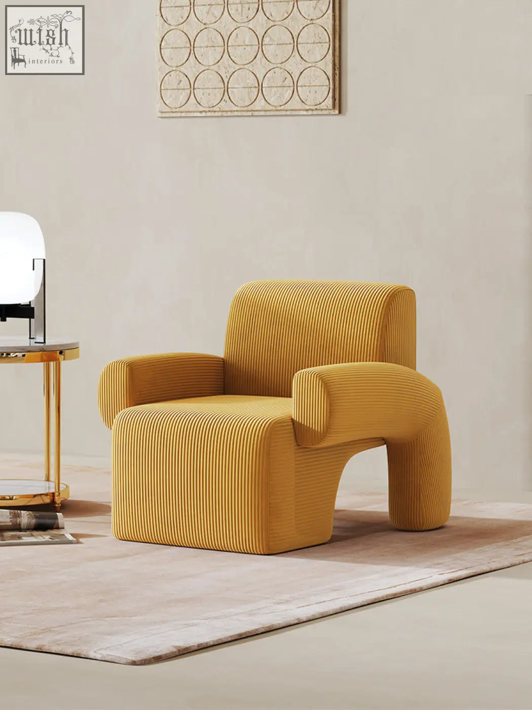 A mustard yellow corduroy camilla armchair with a modern sculptural design offering financing and low shipping cost