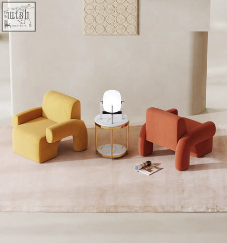 Yellow camilla armchair with rounded sculptural design deep seat and soft fabric finish with low shipping cost