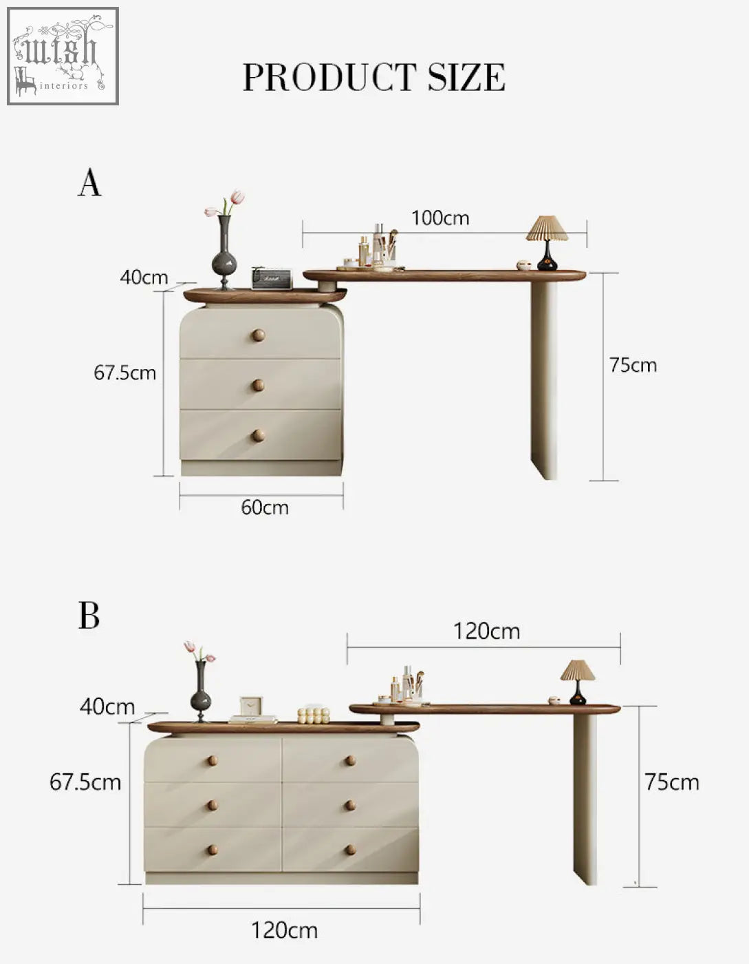 Beige wooden dressing table with chest of drawers and round brass knobs in 60cm and 120cm widths