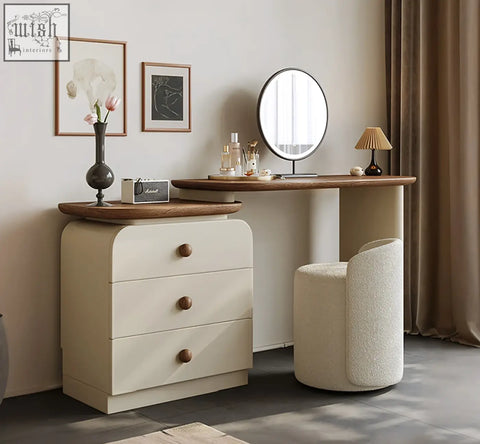 Cream-colored wooden dressing table with wooden top and round knobs from campbell dressing table set