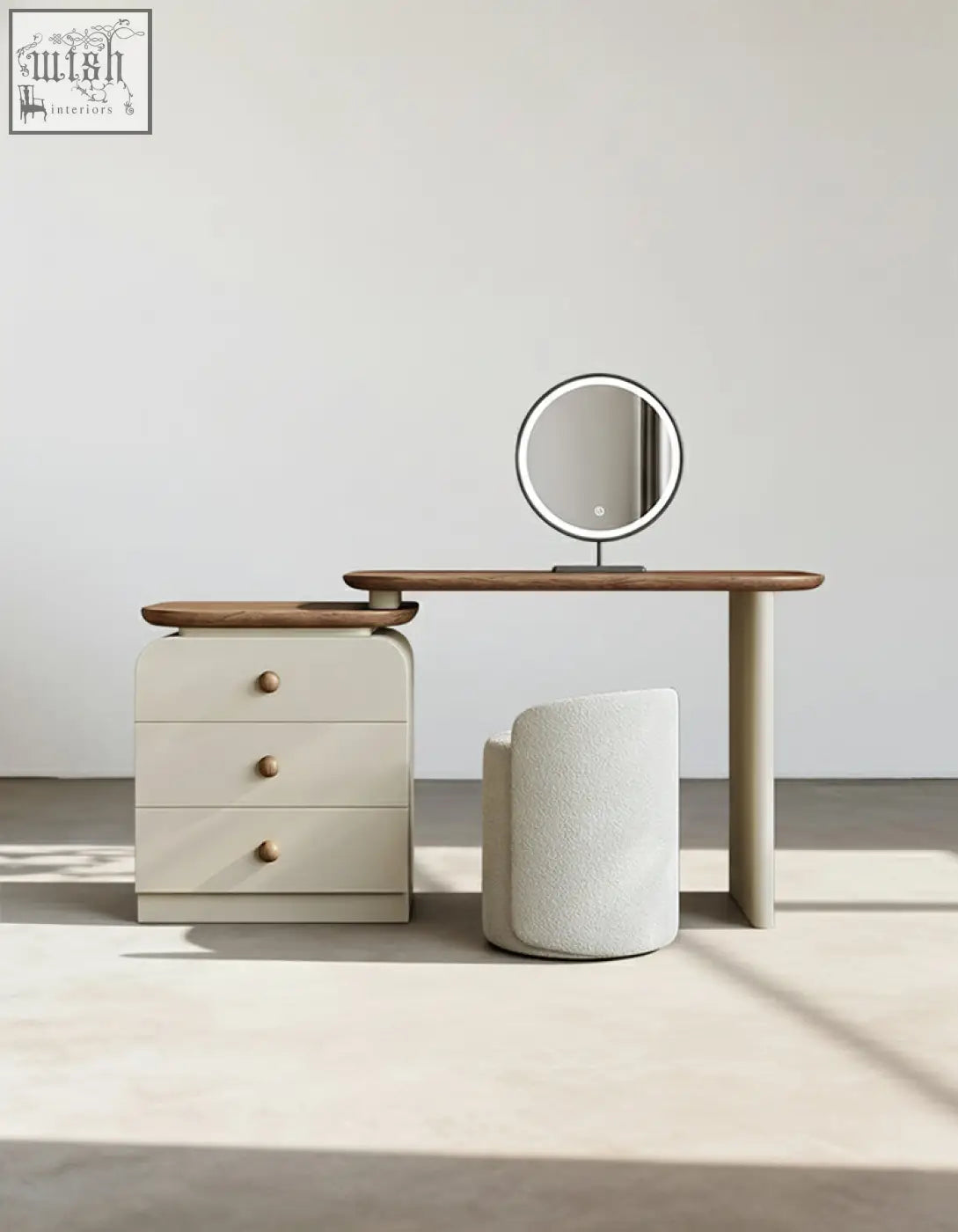 Campbell dressing table with chest of drawers and mirror featuring a light beige wooden dressing table with led mirror