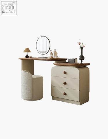 Modern beige wooden dressing table with three drawers rounded knobs wooden top and round mirror for dressing area