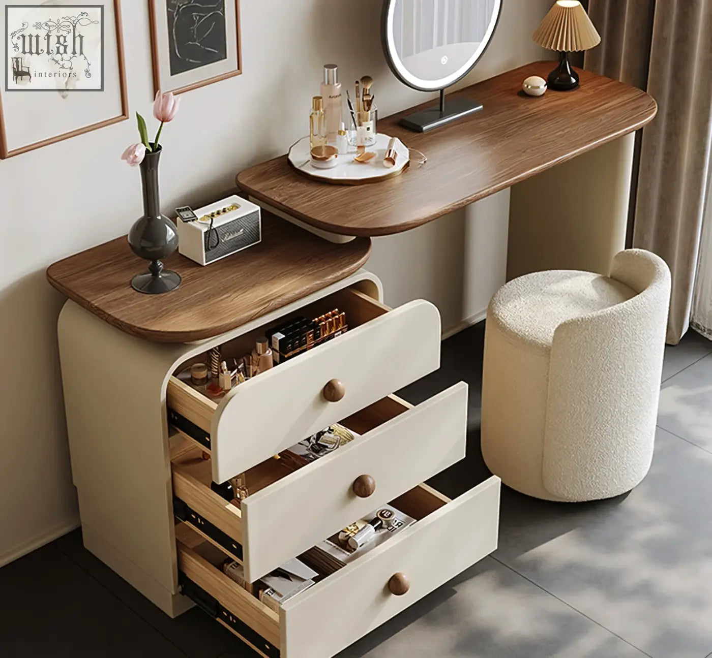 Modern wooden dressing table campbell with warm wood top cream drawers and round wooden knobs